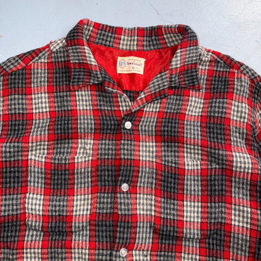 VTG XL 50s Penneys Shirt Red Plaid Wool Button Loop Collar Rockabilly 1950s Gray