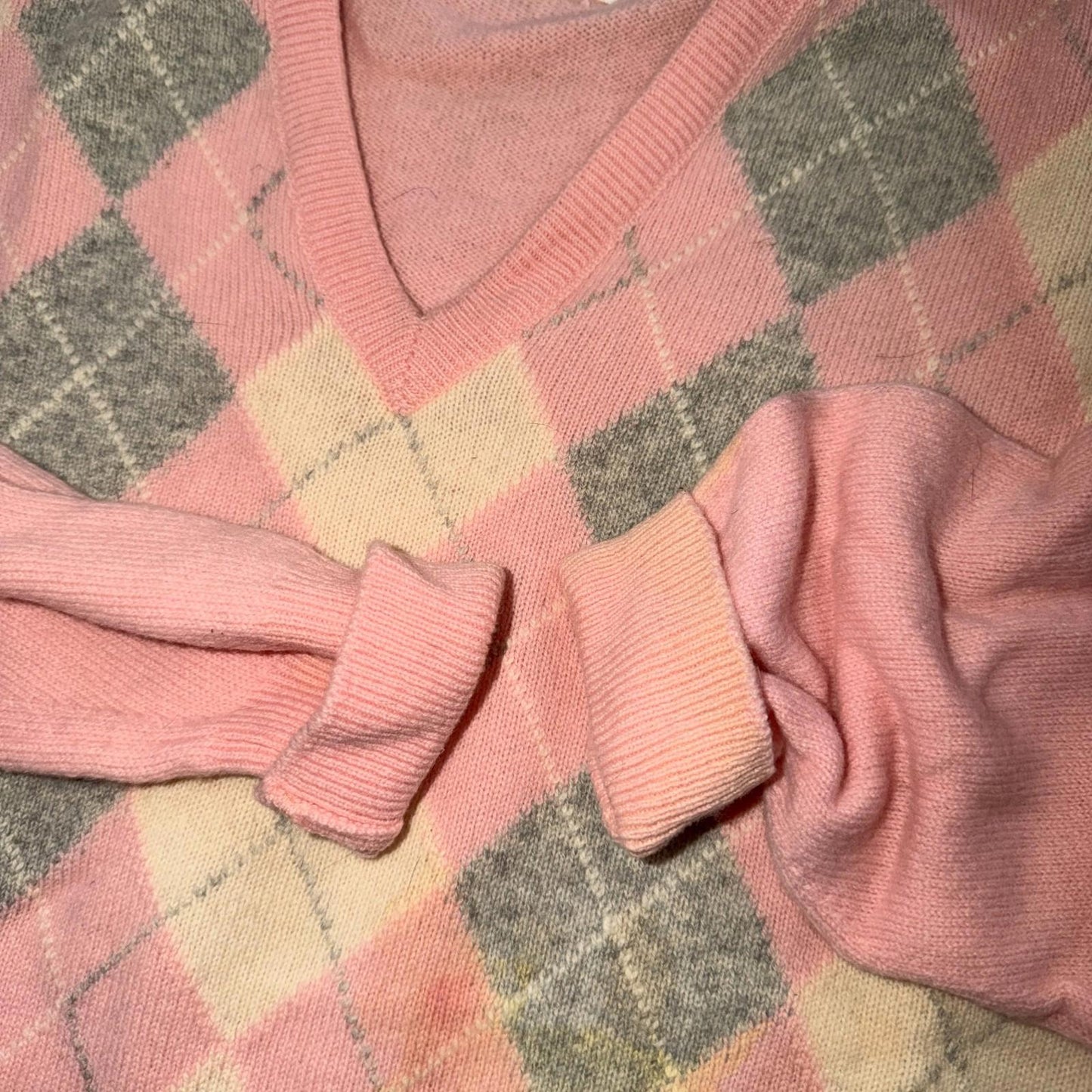Vintage Scotland 100% Lambswool Sweater Knit Men’s Large Pink Argyle Stained