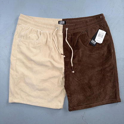 DRJ Essentials Shorts Mens 2XL Brown Yellow Corduroy Drawstring Elastic Waist