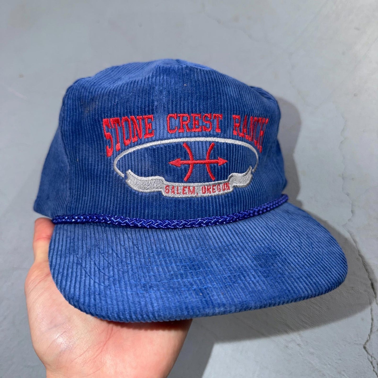 Salem Oregon Stone Crest Ranch Corduroy VTG Hat Baseball Cap Snapback Blue 80s