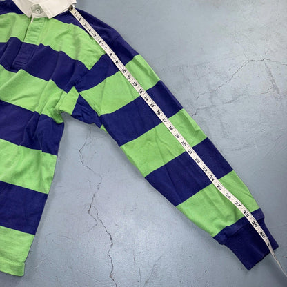VTG Lands End Rugby Shirt Mens M Heavy Cotton Polo 80s 90s USA Stripe Blue Green