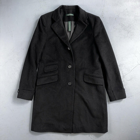Lauren Ralph Lauren Womens Black Herringbone Wool Blended Overcoat 6 Lined