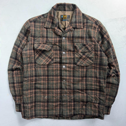 VTG 60s Penneys Shirt Brown Plaid Wool Button Loop Collar Rockabilly 1960s
