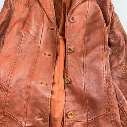 VTG Wilsons Women's Brown 100% Leather Jacket Trench Car Coat Belted 80s 90s