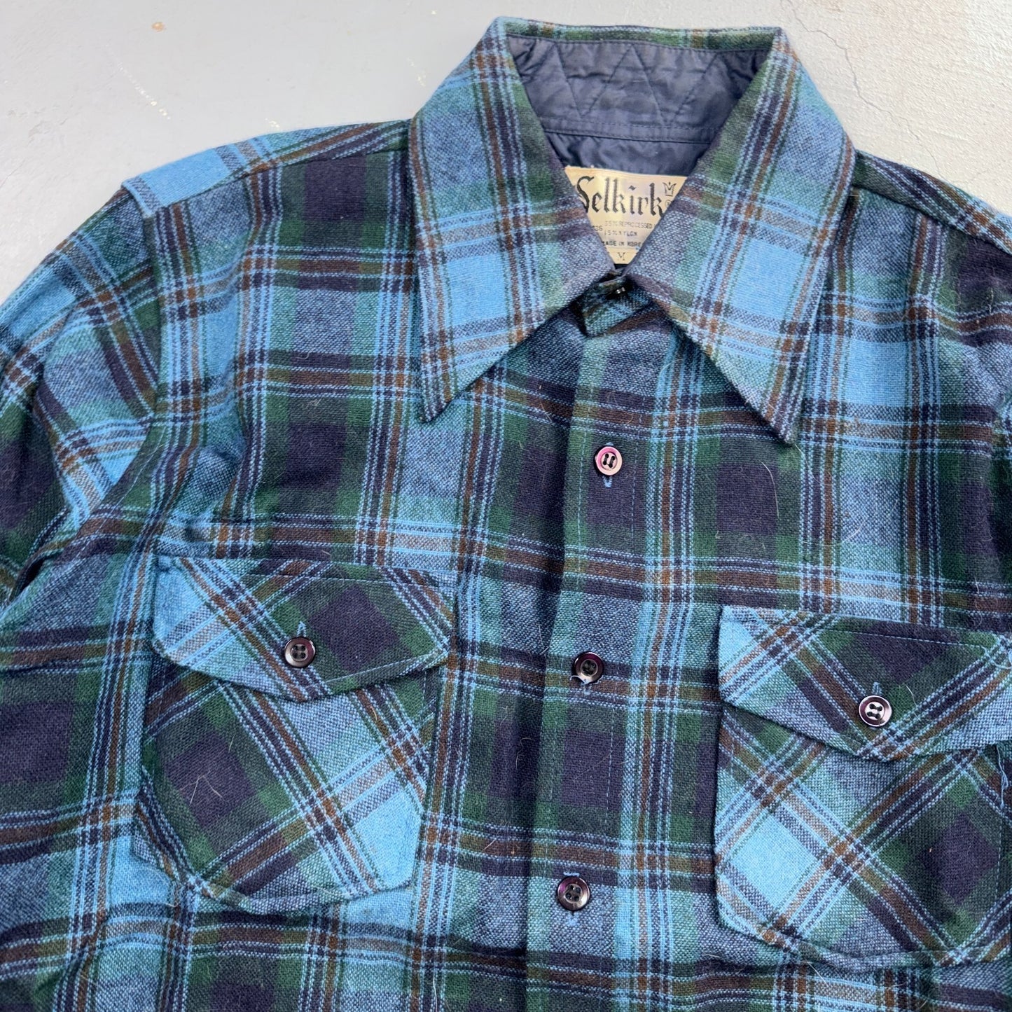 VTG 70s Selkirk Wool CPO Shirt Jacket Blue Green Plaid Rockabilly 1970s