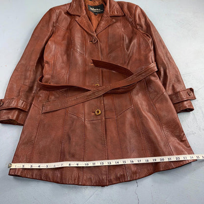 VTG Wilsons Women's Brown 100% Leather Jacket Trench Car Coat Belted 80s 90s