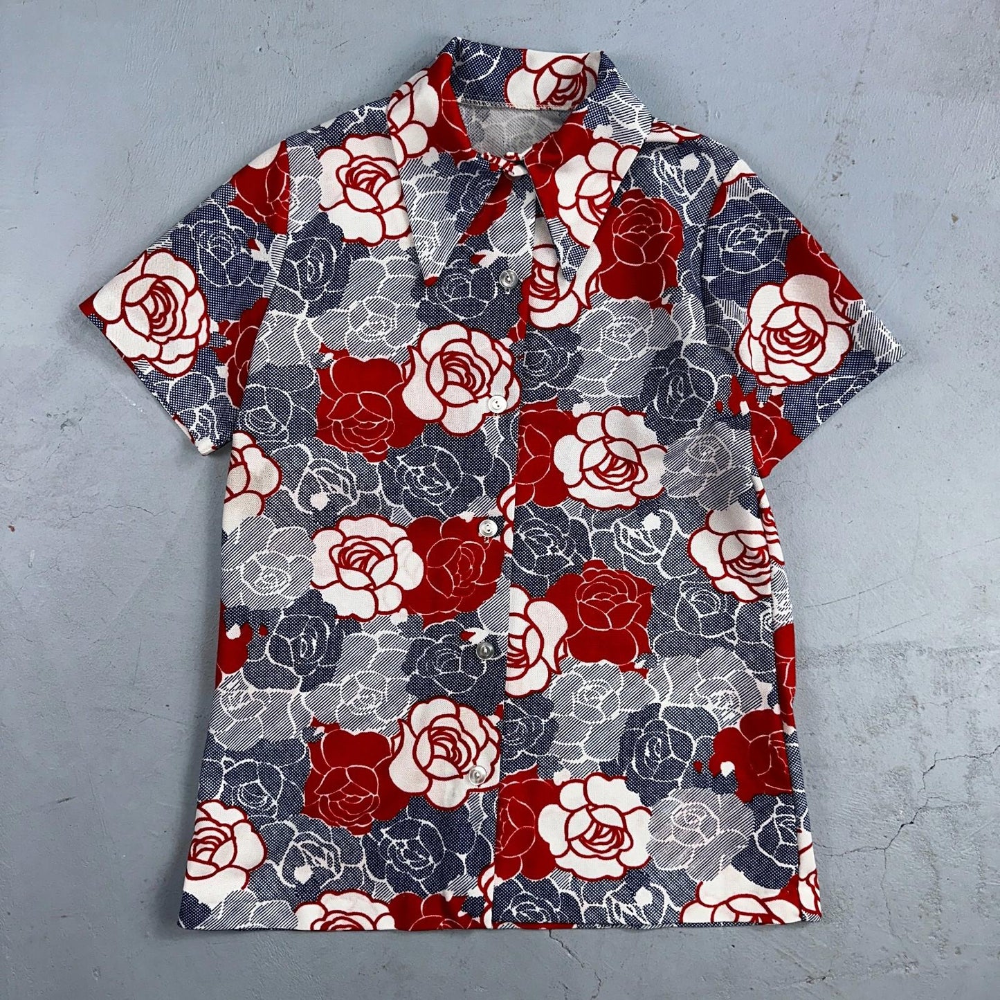 Vintage Handmade 70s Mod Short Sleeve Gray Floral Mock Neck Collar M Flowers