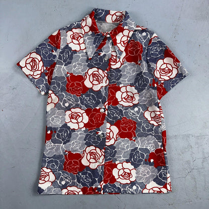 Vintage Handmade 70s Mod Short Sleeve Gray Floral Mock Neck Collar M Flowers