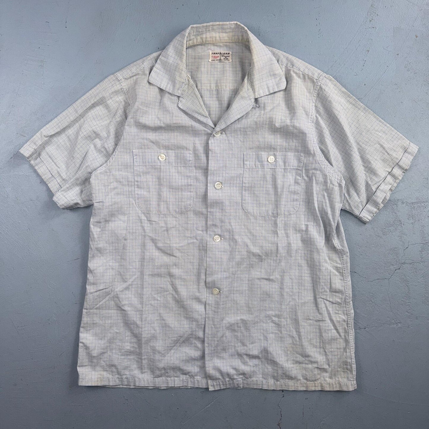 VTG 1950s Enro Trafalgar Loop Collar Button Up Shirt Cotton Rockabilly M Checker