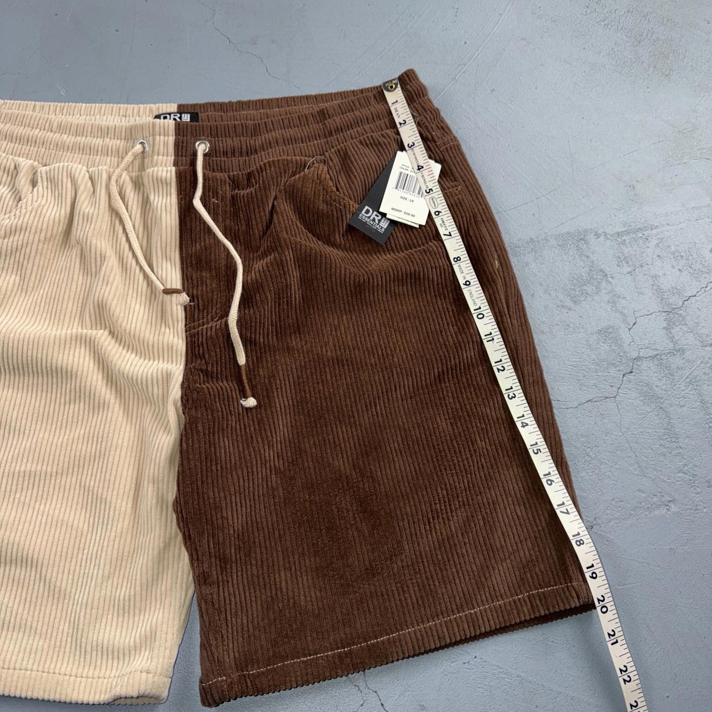 DRJ Essentials Shorts Mens 2XL Brown Yellow Corduroy Drawstring Elastic Waist