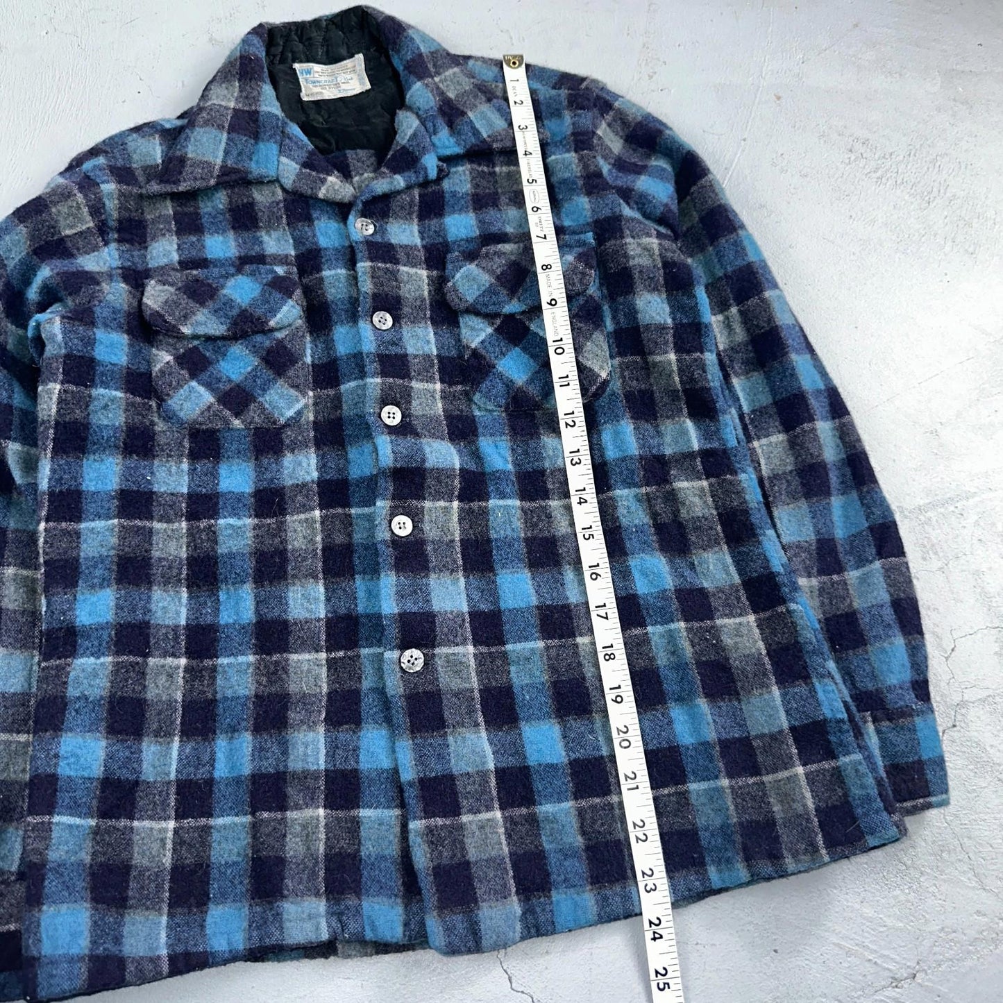 Vintage 60s 70s Towncraft Wool Flannel Blend Button Up Shirt Penneys M Blue