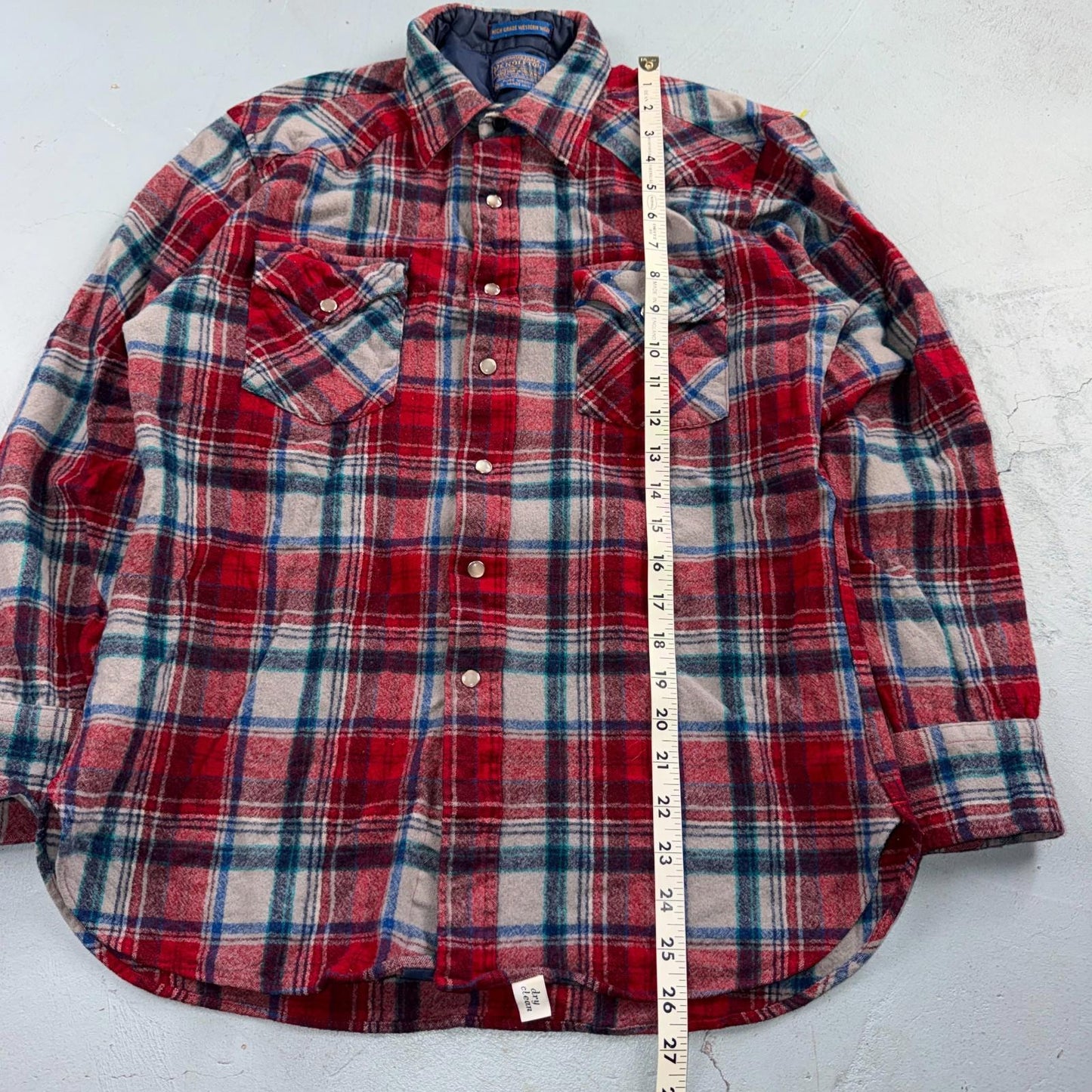 Pendleton VTG 100% Virgin Wool Western Plaid Shirt Pearl Snap Red High Grade