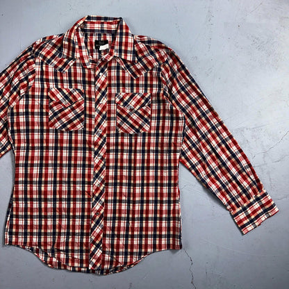 Sears VTG Western Wear L Plaid Ranch Rodeo Shirt Jacket Pearl Snap Red 16
