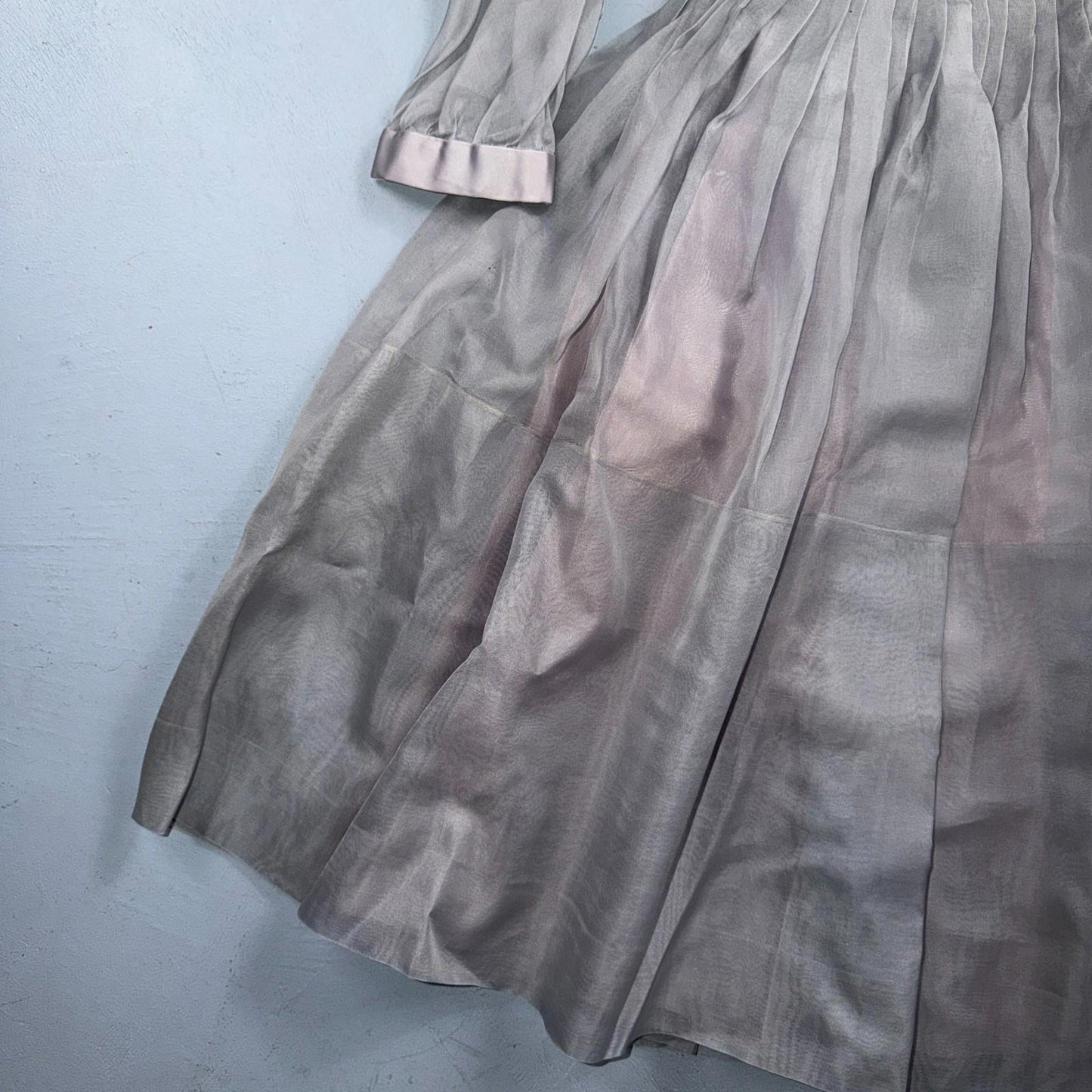 VTG 1950s Sheer Organza Dress Mauve Gray Full Skirt Union Made Party 50s Belted