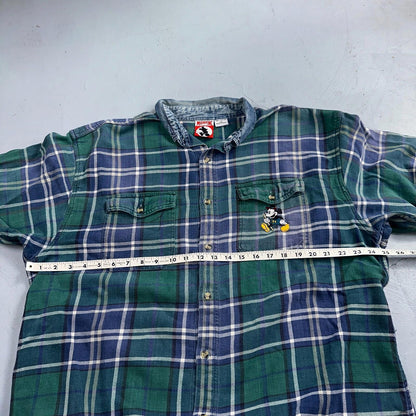 Vintage 90s Disney Mickey 2XL Blue Green Plaid Flannel Shirt Embroidered Pocket