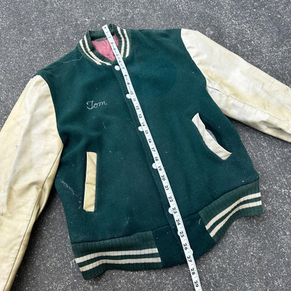 Vintage Letterman Jacket Green White Leather Wool TOM Named Simple Basic 1960s