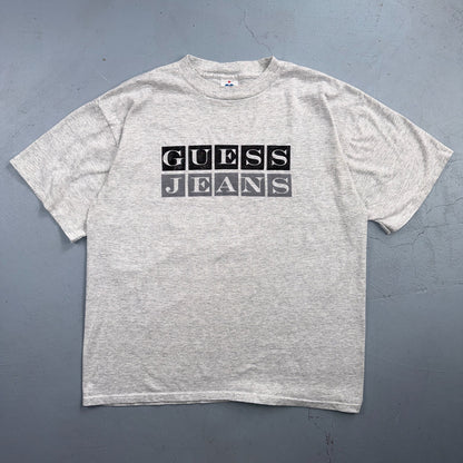 Vintage Guess Jeans T Shirt Spellout Logo Graphic Tee 90s Made In USA Gray