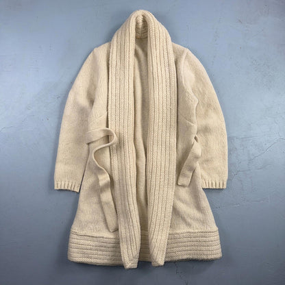 VTG 70s 80s Ribbed Knit Cardigan Open Belted Pockets Beige S/M Boho Chic