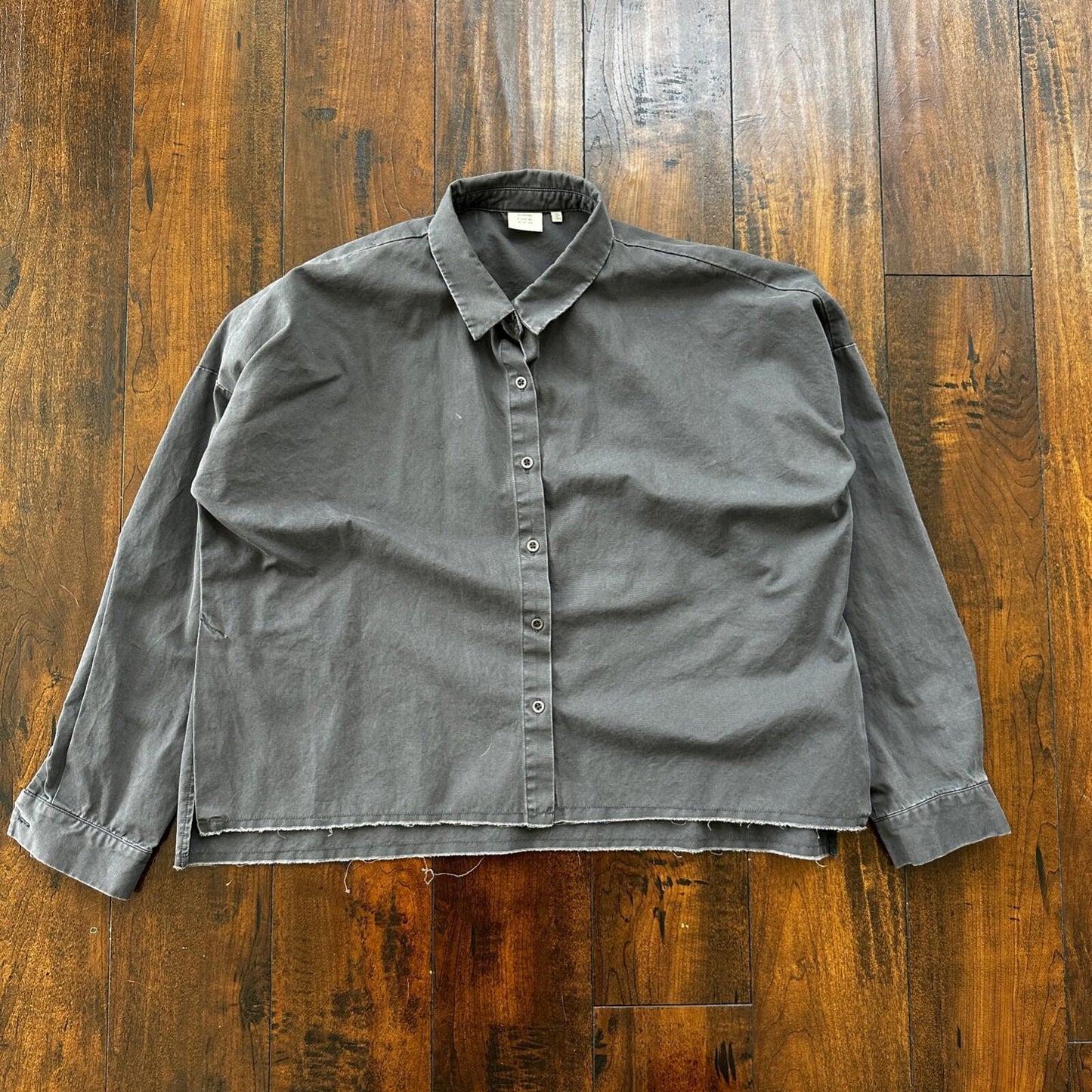 Good Luck Gem Dark Grey Boxy Cotton Button Up Shirt Raw Edge Hem Lightweight