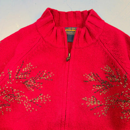 Woolrich 100% Lambswool Red Zip Up Embroidered Fall Autumn Holiday Cardigan Sz L