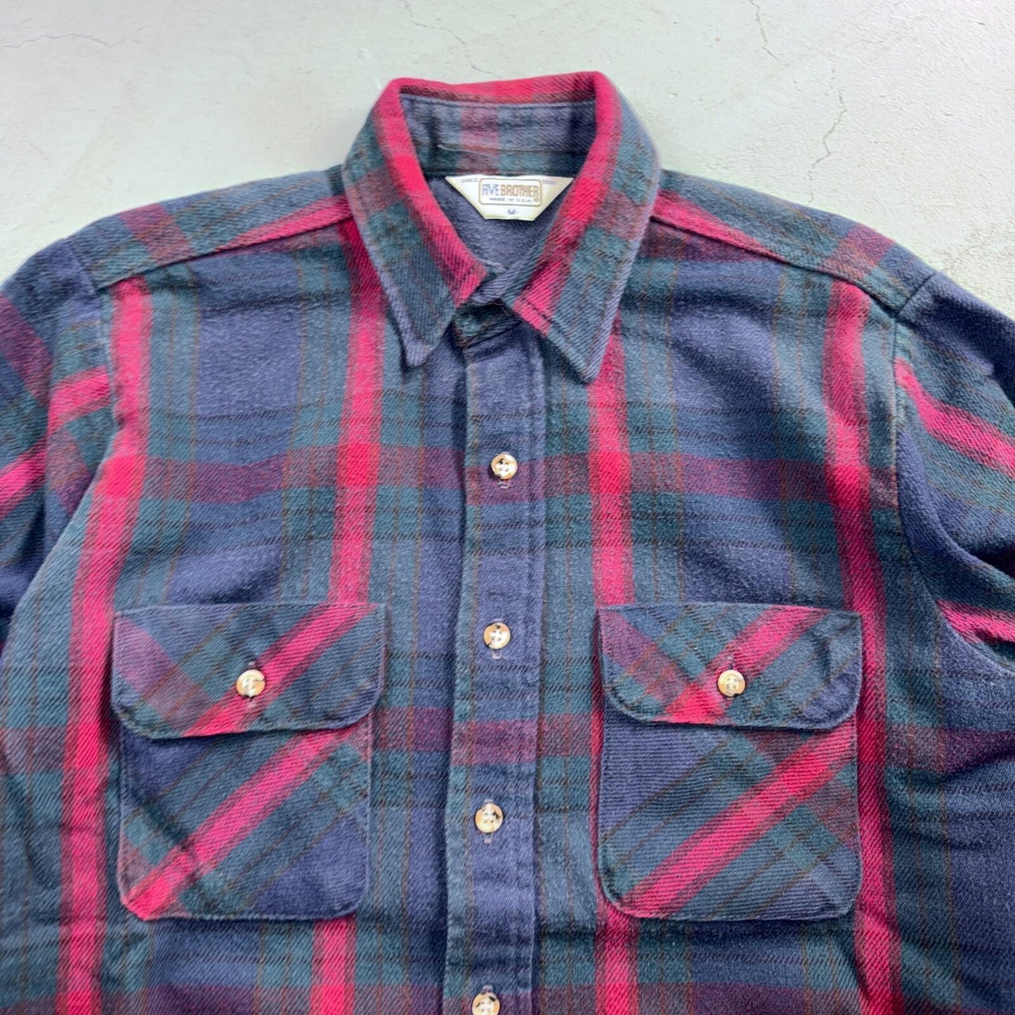 VTG Five Brother Shirt Mens M Shadow Plaid Flannel USA Red 1980s 80s Green Red