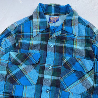 VTG 70s Pendleton Blue Plaid Pure Virgin Wool Board Shirt USA Camp Rockabilly
