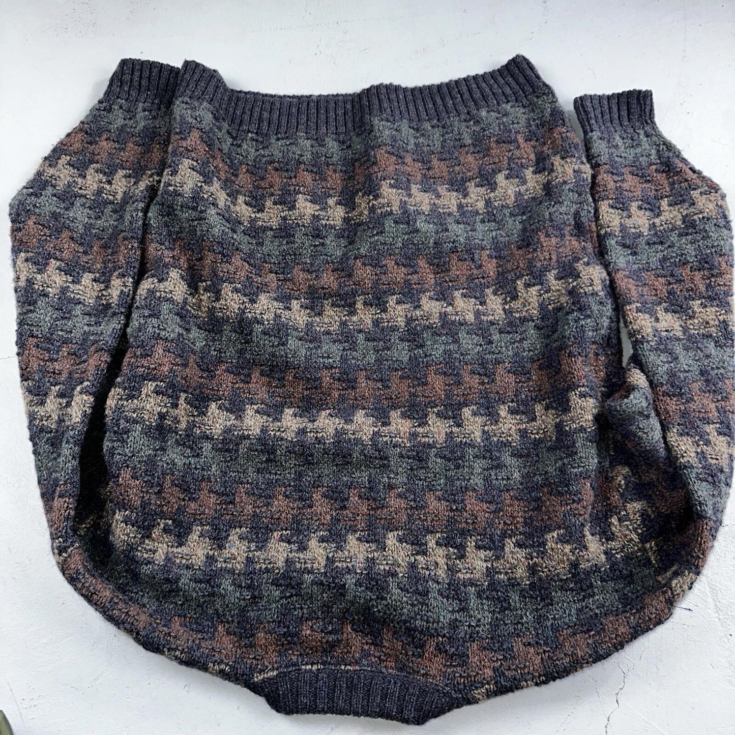 Orvis Men’s Wool Sweater XL Navy Green Tan Brown Jumper Houndstooth GrandpaCore