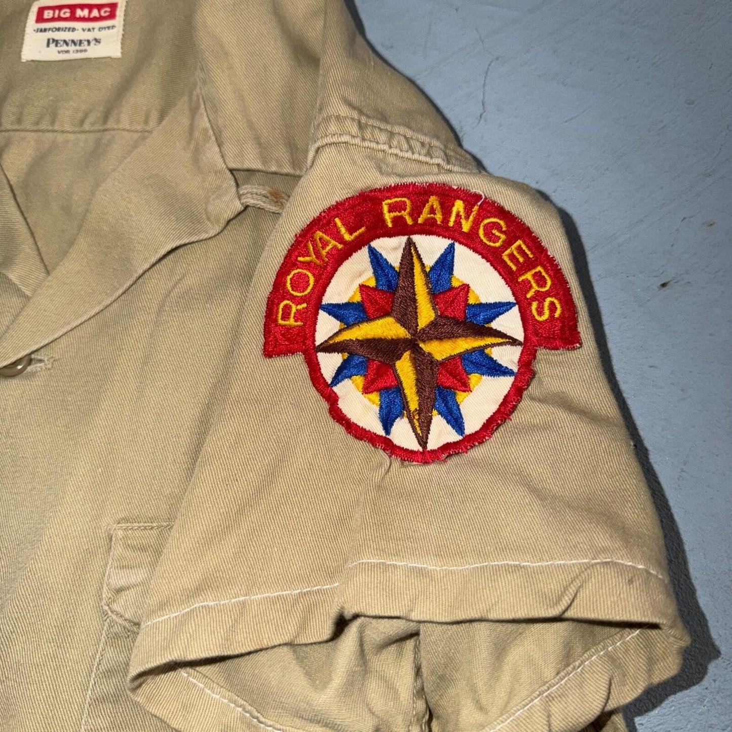 50s 60s Penneys Big Mac Work Shirt Mens VTG Patches Loop Collar Royal Rangers