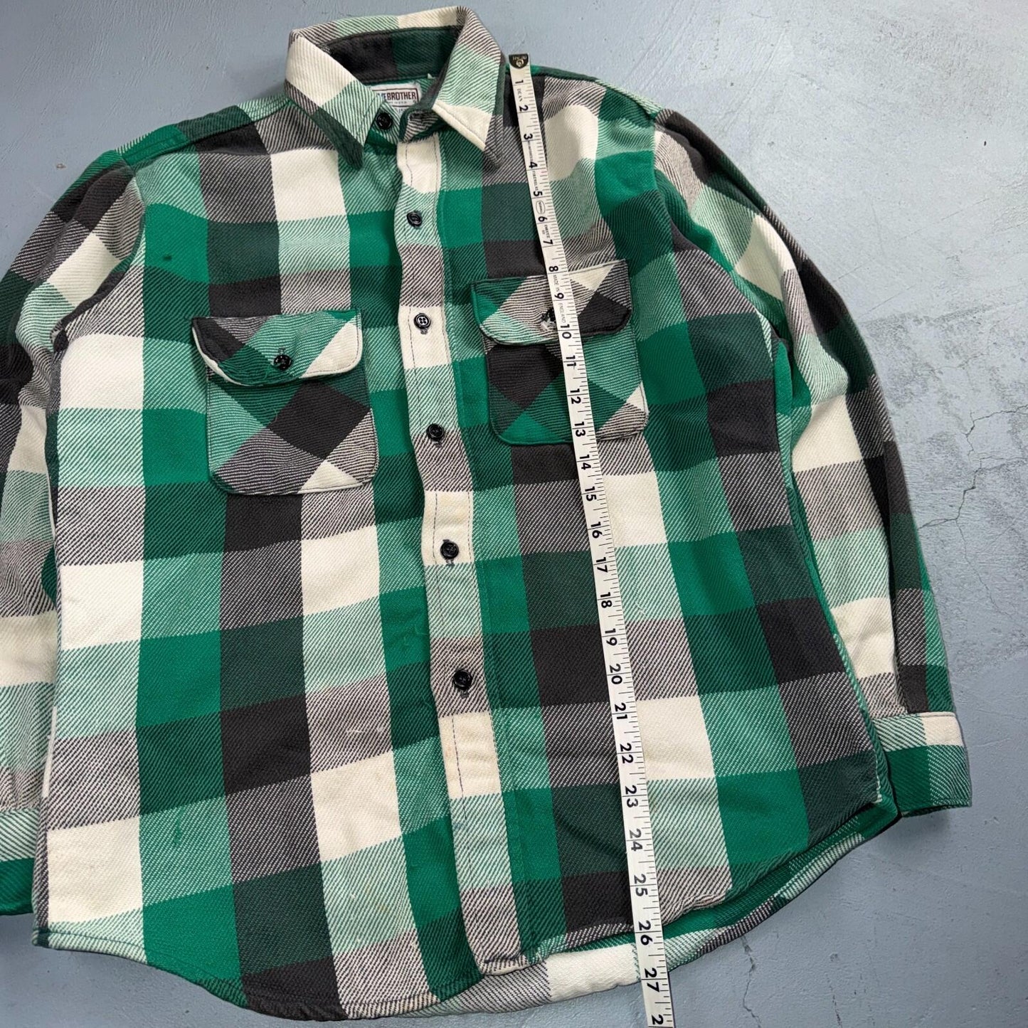 VTG Five Brother Shirt Mens M Shadow Plaid Flannel USA Green 1980s 80s Black