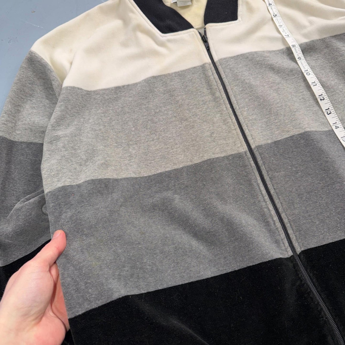 VTG Neiman Marcus Velour Track Jacket L Gray Zip USA 80s Loungewear Colorblock