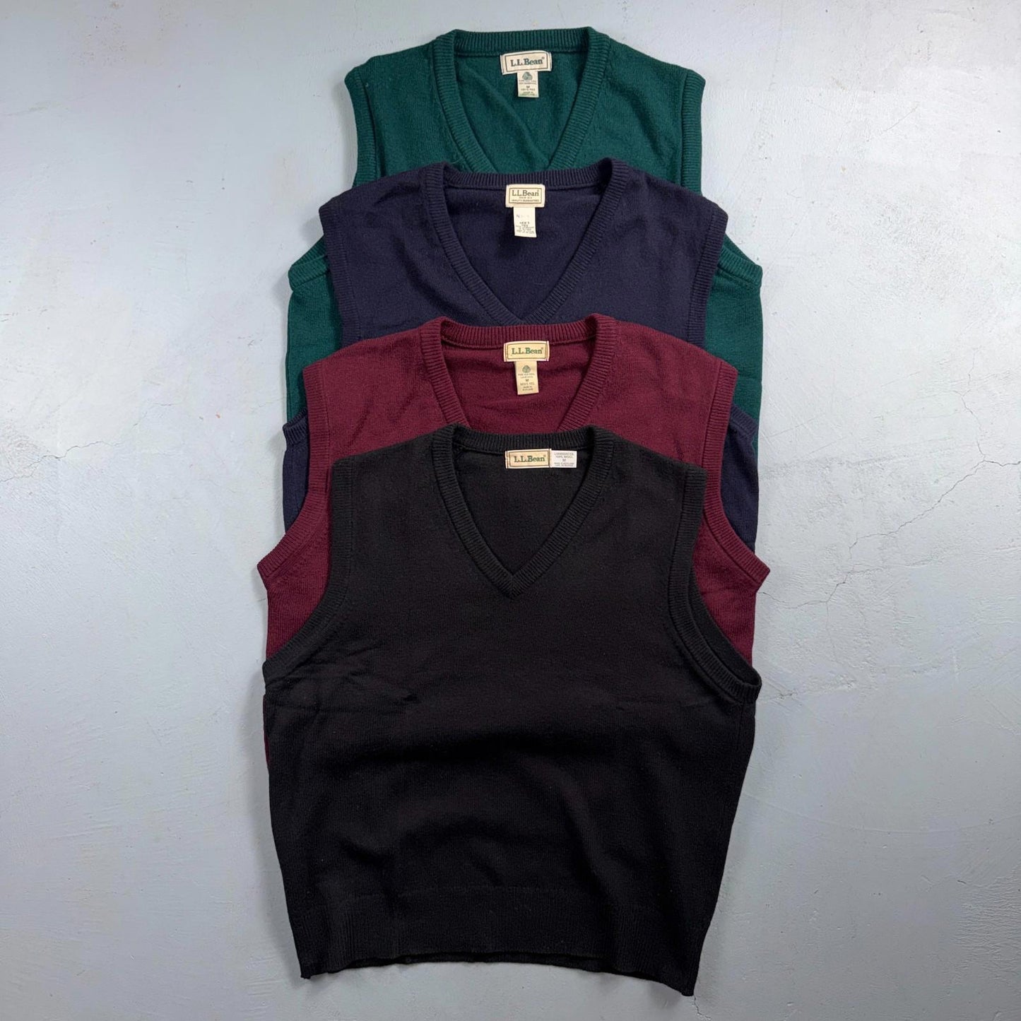 LL Bean Wool V-Neck Sweater Vest Mens Medium 100% Lambswool Knit Lot of 4