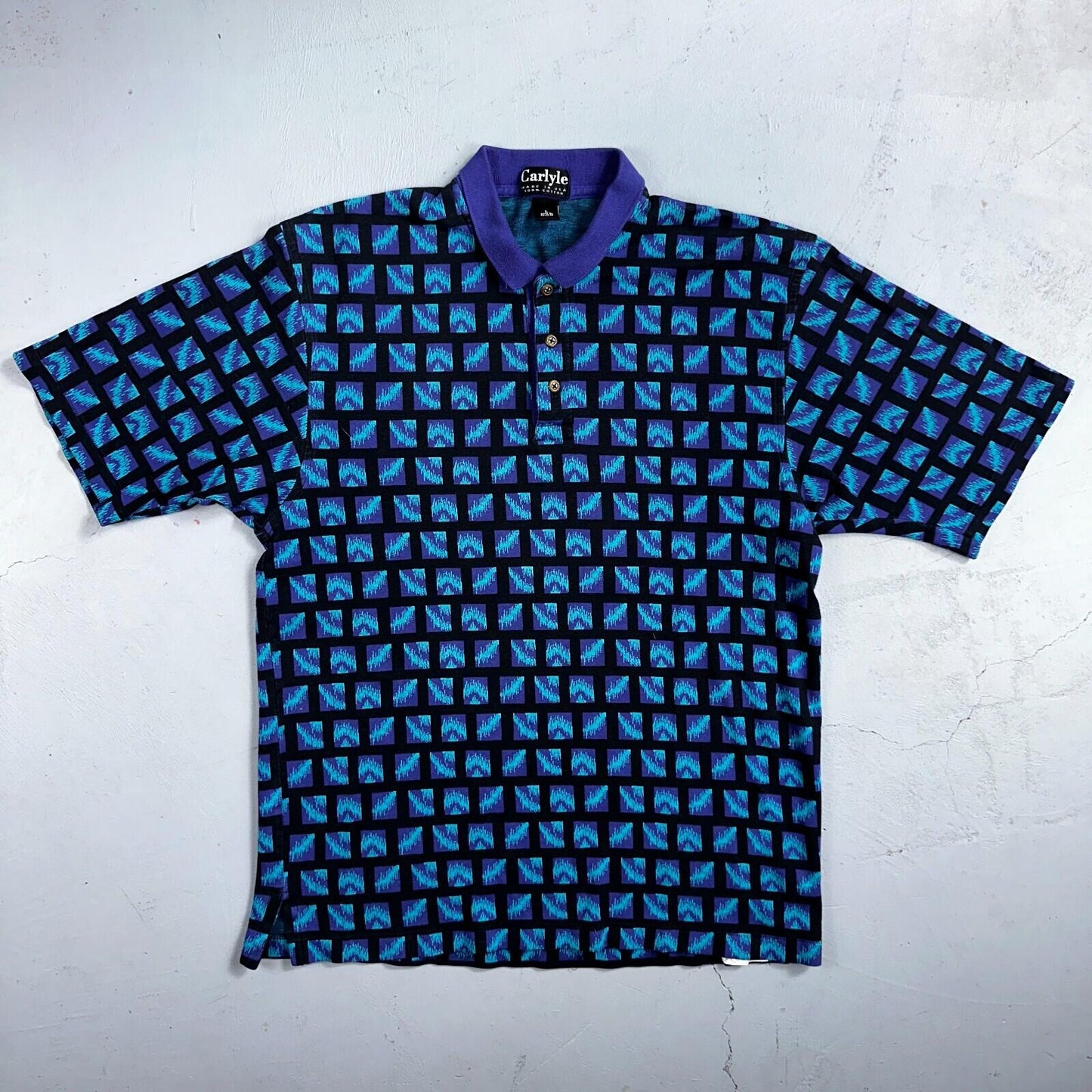 Carlyle VTG Short Sleeve Knit Polo Sz L Rockabilly Crazy Print Pattern Blue 70s