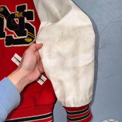 VTG 70s Nelson Varsity Jacket Letterman USA Made Leather Collegiate 44 Red Phil
