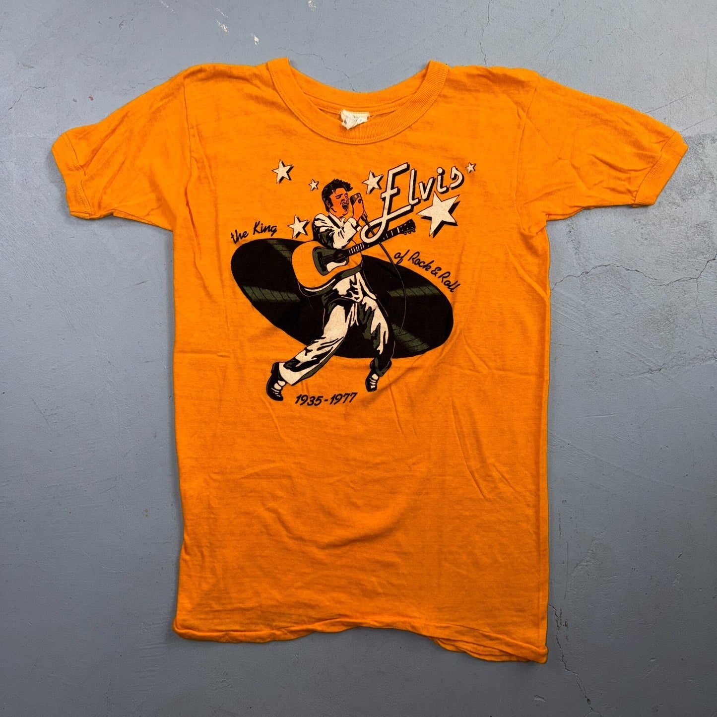 VTG Elvis Presley King of Rock & Roll Yellow T Shirt 70s 1977 Rockabilly Music