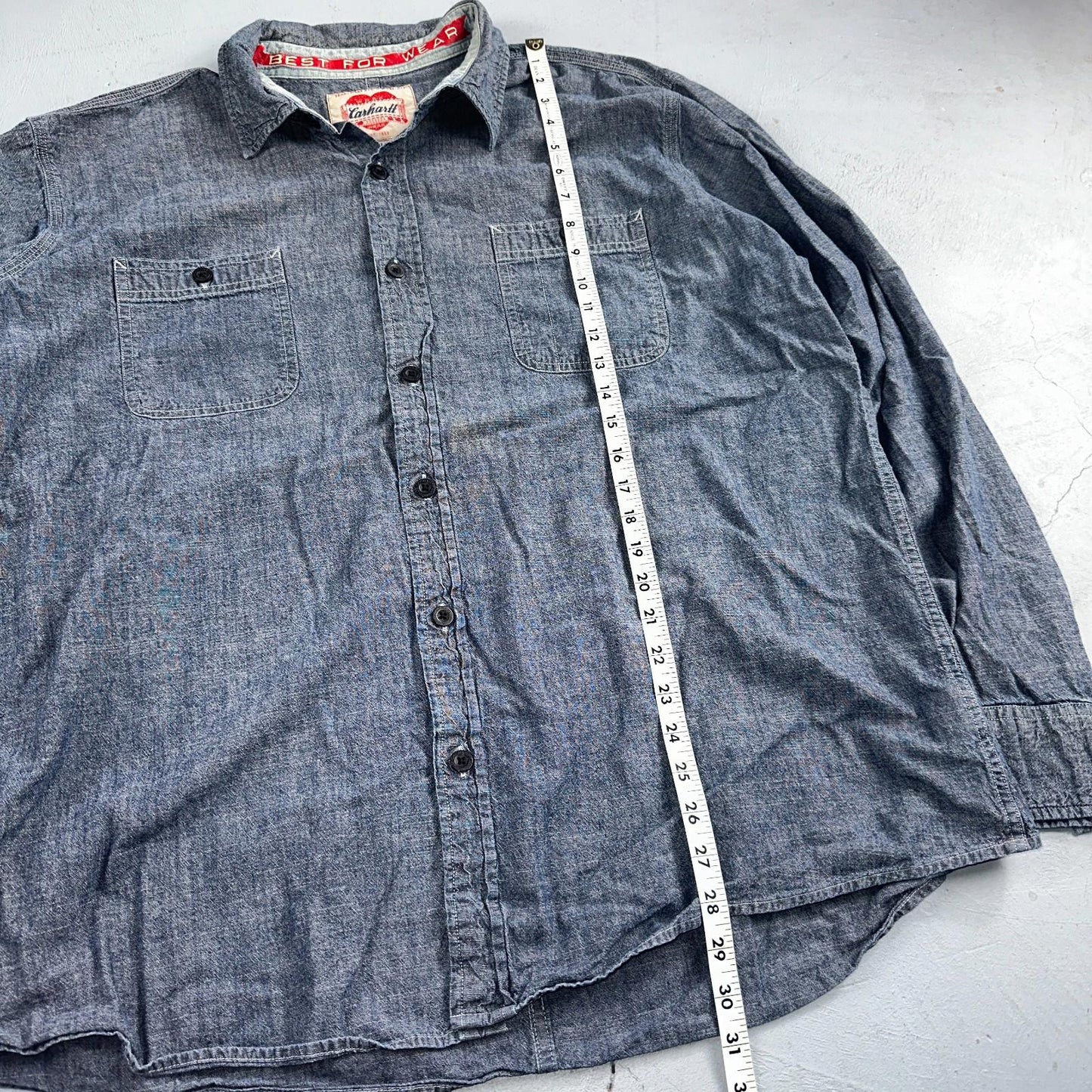Carhartt Chambray Work Shirt VTG 2XL Demin Long Sleeve Button Up Heart Logo 60s