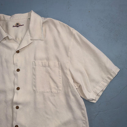 Tommy Bahama VTG Hawaiian Loop Collar Basic Ivory Silk Camp Shirt XL