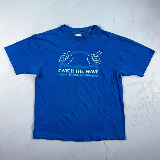 Lopez Island Washington Hanes Beefy XL VTG T Shirt Blue Catch The Wave Driving