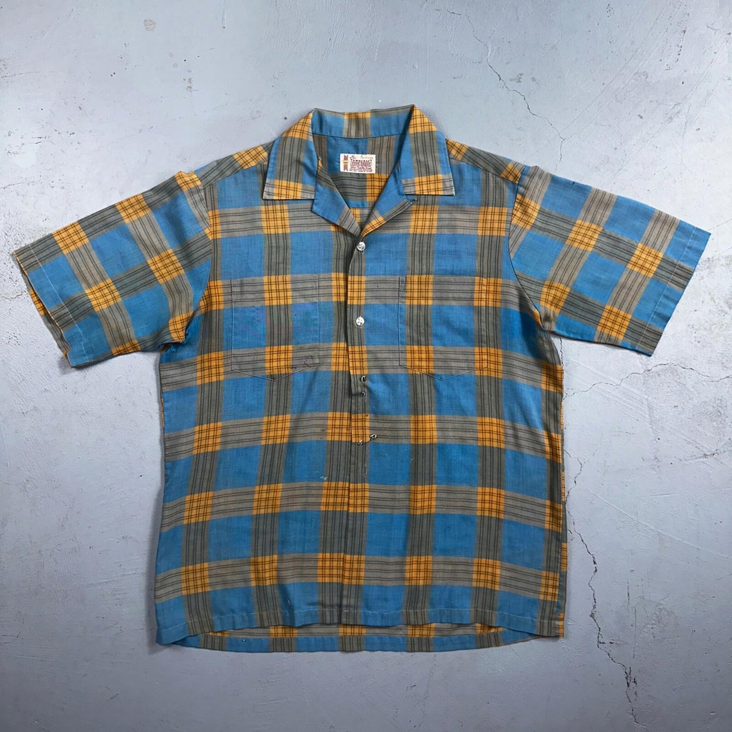 VTG 1960s Penneys Towncraft Blue Camp Loop Collar Shirt Rockabilly Button Plaid