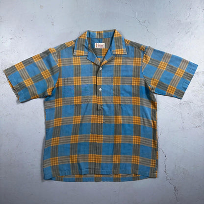 VTG 1960s Penneys Towncraft Blue Camp Loop Collar Shirt Rockabilly Button Plaid