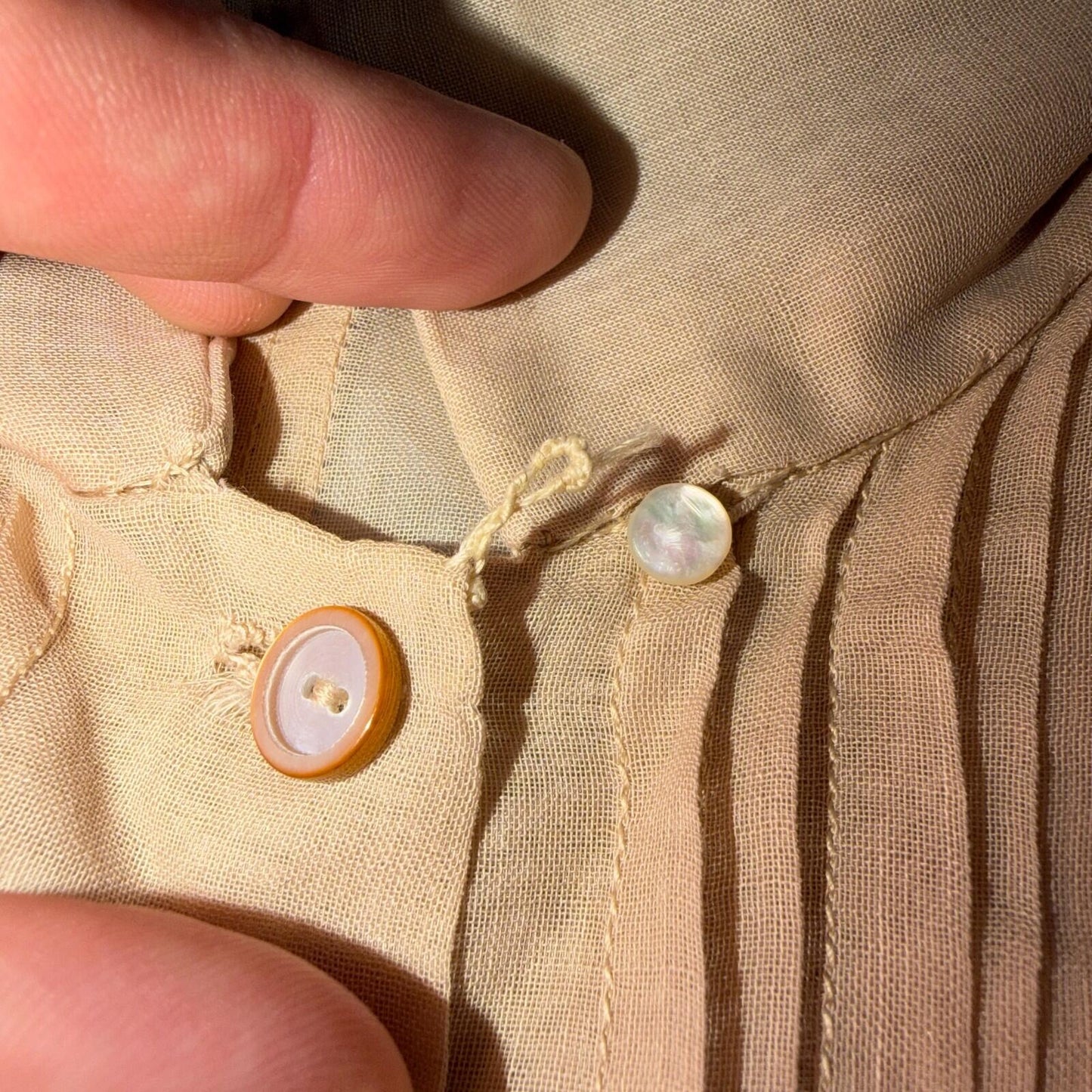 Vintage 1970s Shirtwaist Dress Beige Pleated Skirt Long Sleeve Belted Cute 70s