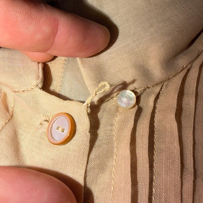 Vintage 1970s Shirtwaist Dress Beige Pleated Skirt Long Sleeve Belted Cute 70s