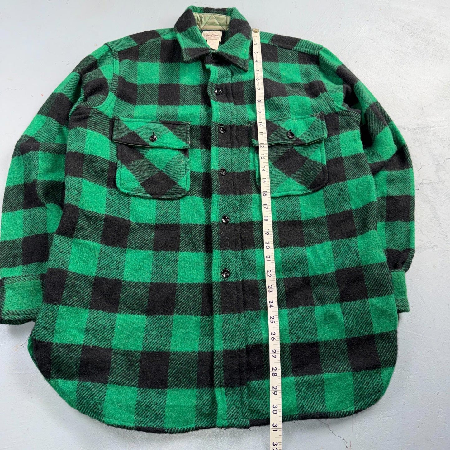 Vintage 1950s Five Brother Green Wool Buffalo Plaid Button Down Shirt Rockabilly