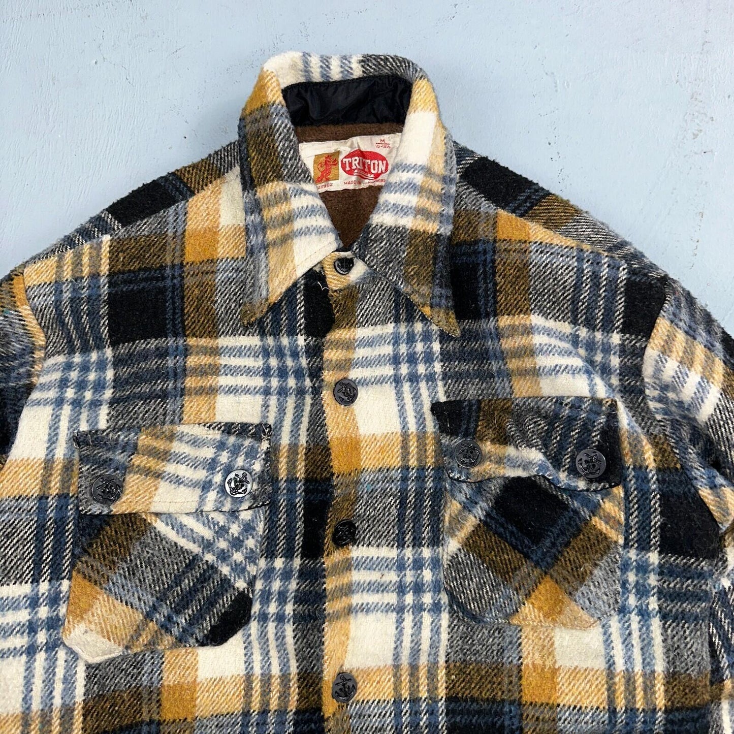 Vintage Triton 70s Sportswear Mens Black Plaid Wool Tartan Work Jacket Navy USN