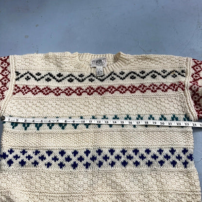 John Ashford VTG 80s Sweater Mens L Cream Multi Wool Fair Isle Hand Knit Crew