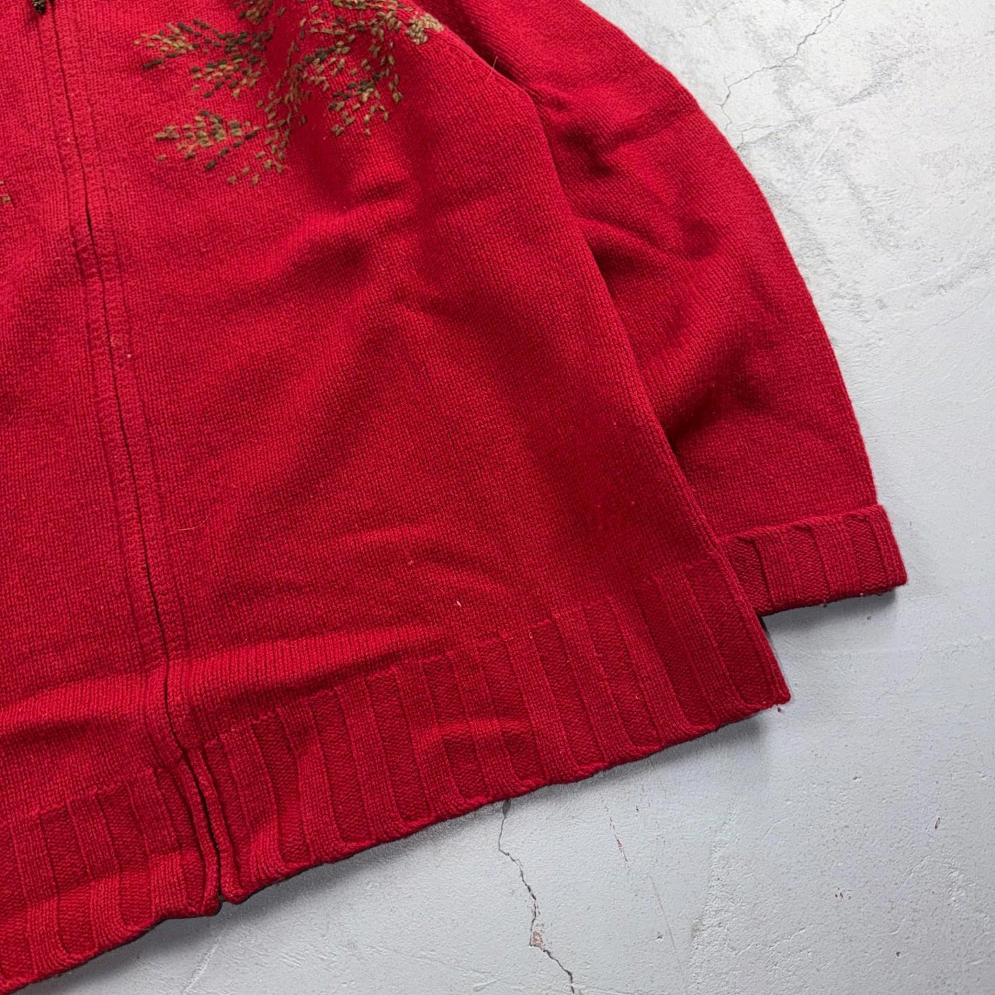 Woolrich 100% Lambswool Red Zip Up Embroidered Fall Autumn Holiday Cardigan Sz L