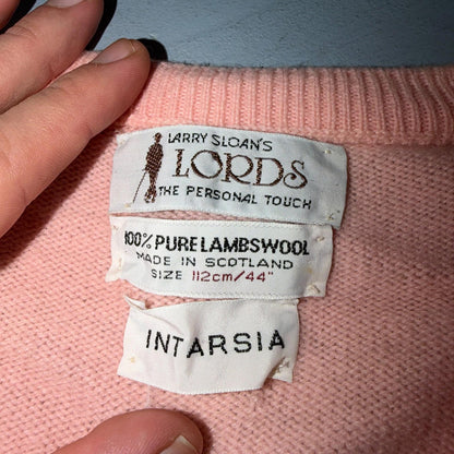 Vintage Scotland 100% Lambswool Sweater Knit Men’s Large Pink Argyle Stained