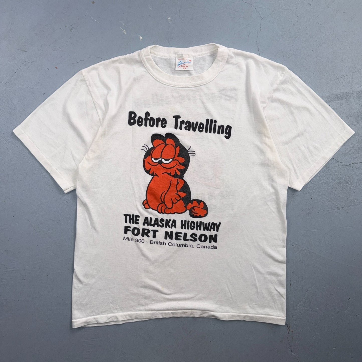 Before After Traveling Alaska VTG T Shirt Garfield Funny Cat Fort Nelson 80s BC
