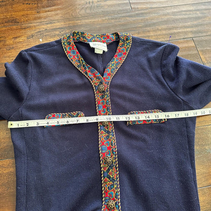 Jeffrey and Dara by Linda Hutley Knit Blazer Paisley VTG Navy Cardigan 90s