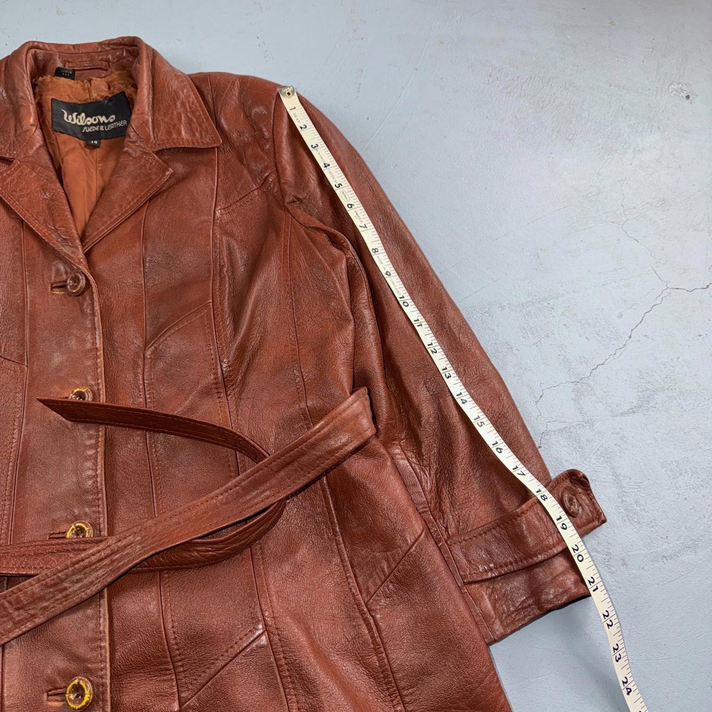 VTG Wilsons Women's Brown 100% Leather Jacket Trench Car Coat Belted 80s 90s