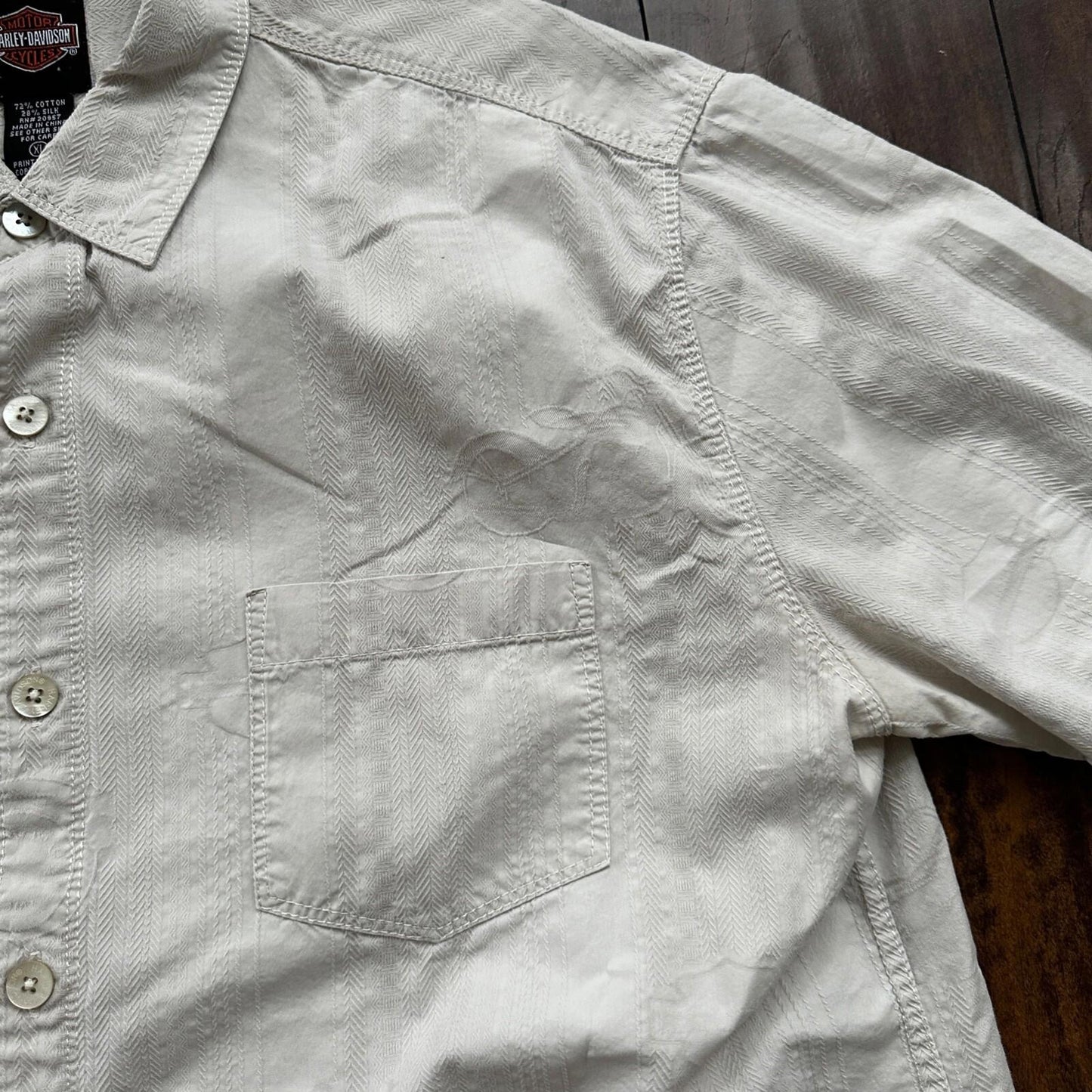Harley Davidson Shirt Button Up XL Short Sleeve VTG Motorcycle White Silk
